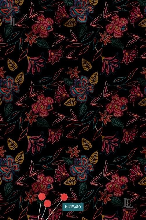 Black fabric with elegant crimson and teal floral print