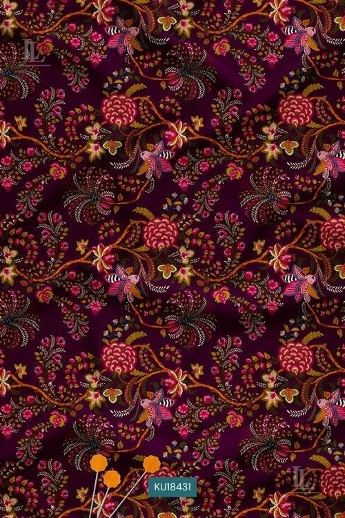 Burgundy fabric with intricate Mughal-style floral and vine print