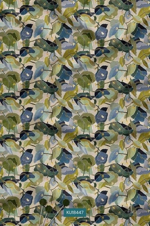 Beige fabric with sage green and blue watercolor botanical print