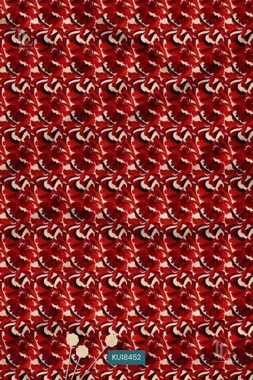 Scarlet red fabric with ethnic floral repeat pattern