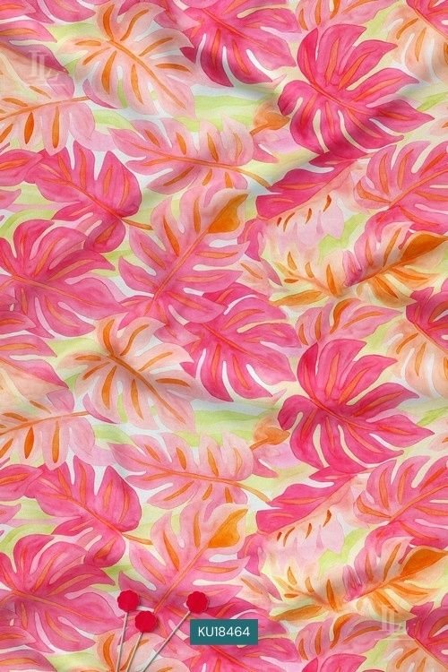 Pastel fabric with coral and blush monstera tropical leaf print