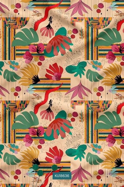 Beige fabric with tropical leaves and colorful geometric patchwork print