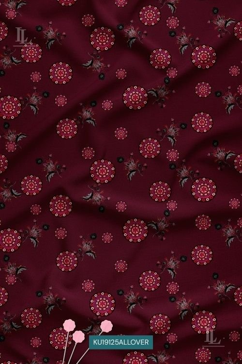 Circular buta motifs scattered evenly across a deep maroon base