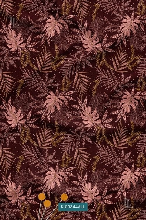 Wine base tropical botanical leaf digital print fabric with blush and earthy foliage pattern