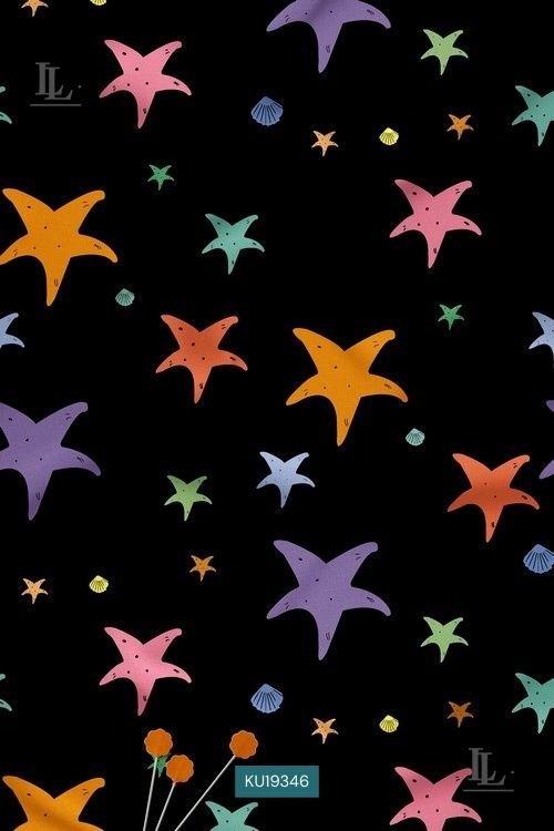 Black fabric with colorful starfish and small sea shell digital print pattern