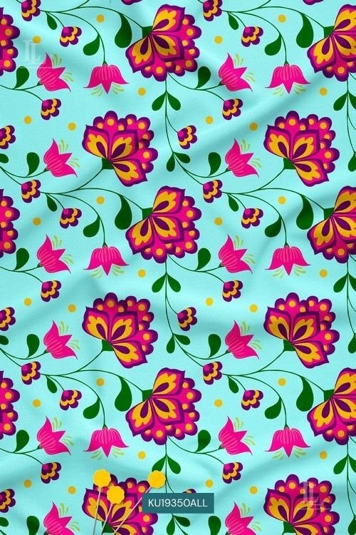 Aqua fabric with vibrant boho floral motifs and leafy vine digital print pattern