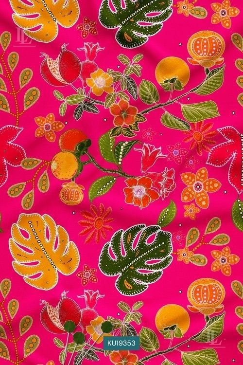 Hot pink fabric with tropical floral, fruit, and leafy botanical digital print pattern