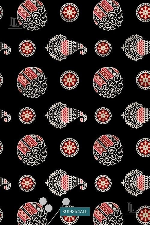Black fabric with ethnic folk art elephant motifs and decorative circular patterns