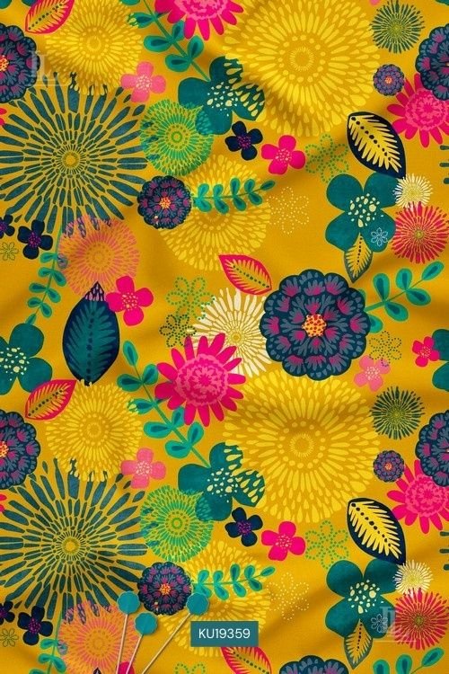 Multicolor tropical floral burst pattern on mustard yellow digital print fabric