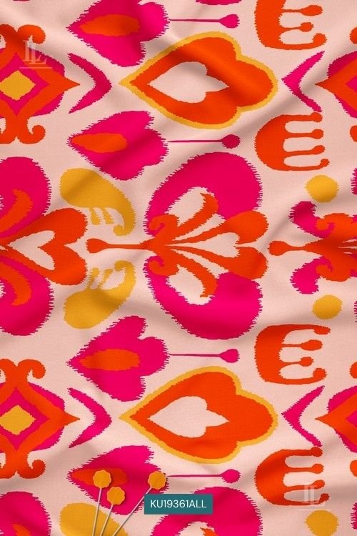 Pink and orange folk tulip floral seamless fabric pattern