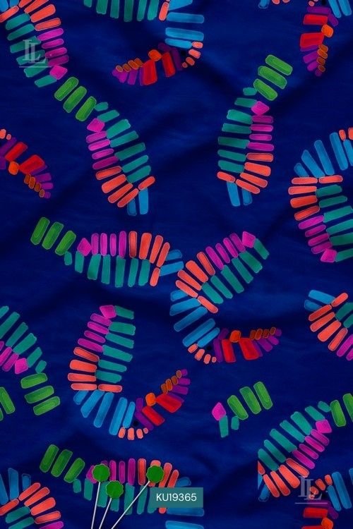 Colorful abstract segmented curve pattern on blue background