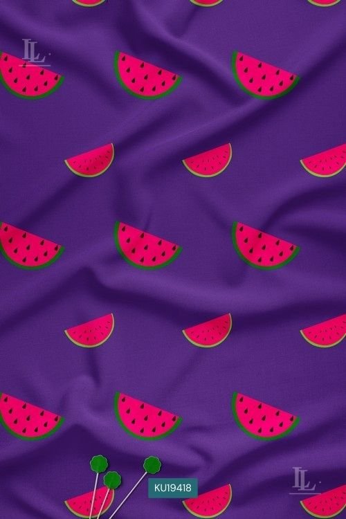 Purple fabric with vibrant watermelon slice fruit print pattern