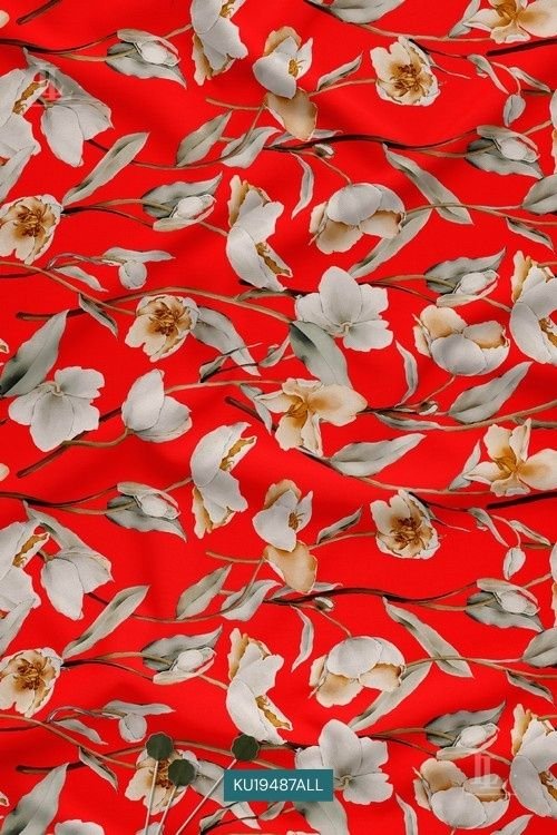 White lily-inspired floral digital print on crimson red background