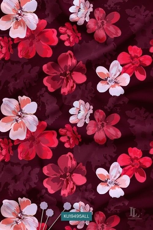 Deep maroon fabric with pink and white lush floral nature motif