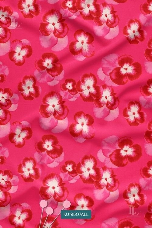 Vibrant hot pink fabric with tonal pink and white pansy floral nature motif