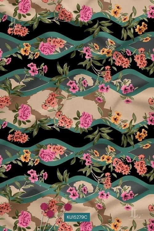 Layered Floral Nature Motif Digital Print Fabric with Wave Bands