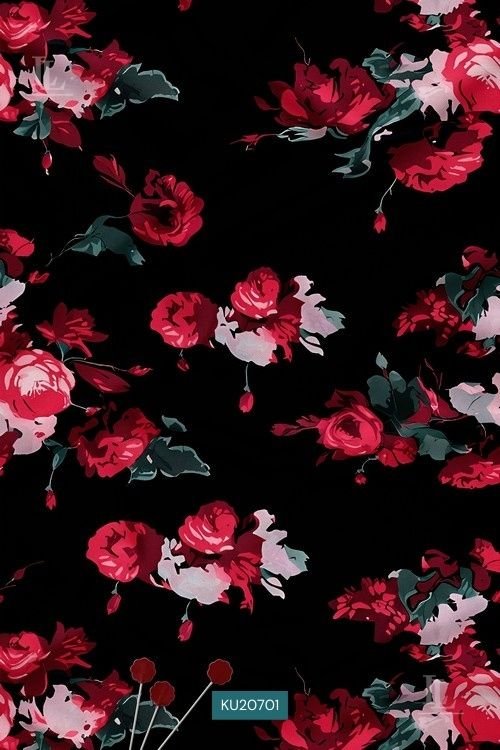 Luxury Bold Floral Digital Print Fabric in Black Red Rose Design