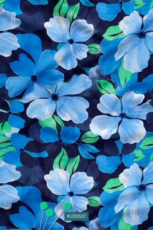 Luxury Floral Digital Print Fabric in Navy Blue Watercolor Design