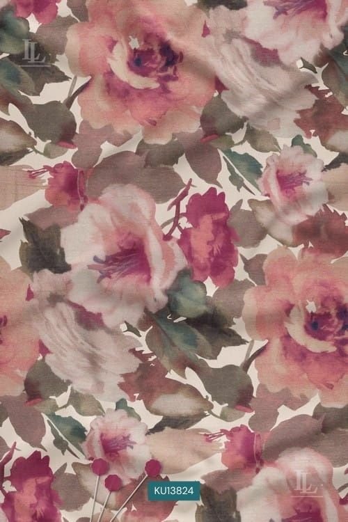 Luxury Floral Watercolor Digital Print Fabric in Ivory Rose Design