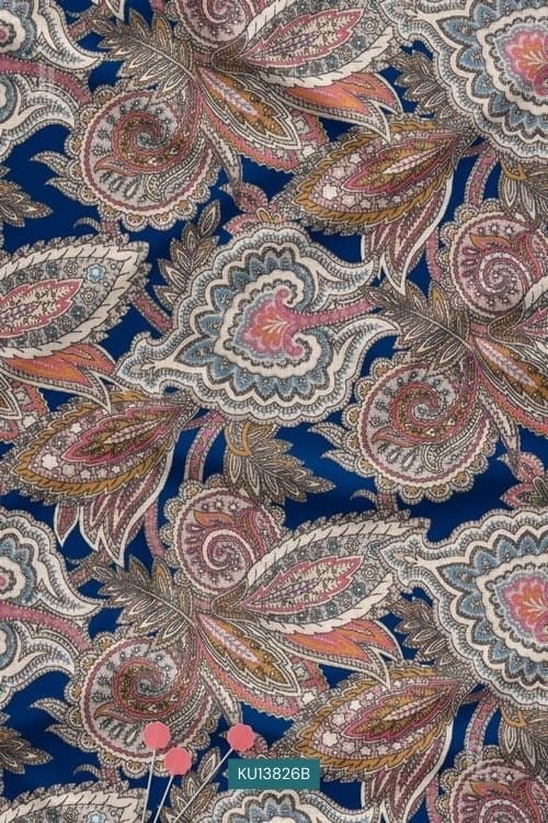 Luxury Paisley Digital Print Fabric in Royal Blue Ornamental Design