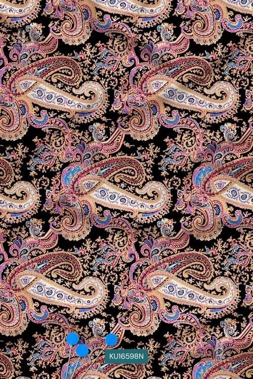 Luxury Paisley Nature Motif Digital Print Fabric on Black Base