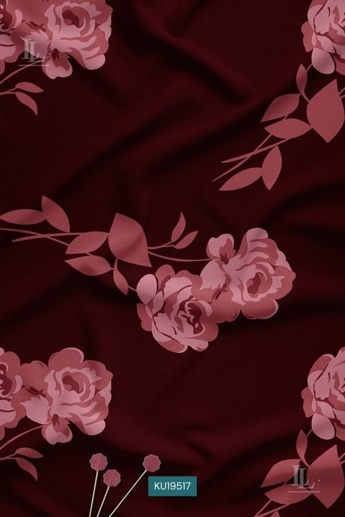Maroon Floral Digital Print Fabric with Elegant Rose Branch Design