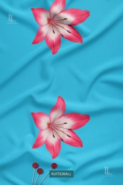 Minimal Floral Nature Motif Digital Print Fabric on Aqua Blue Base