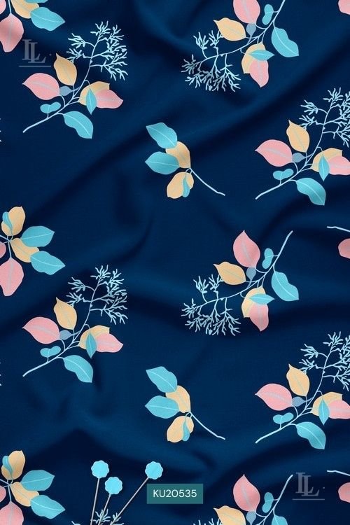 Minimal Leaf Digital Print Fabric in Navy Pastel Botanical Design