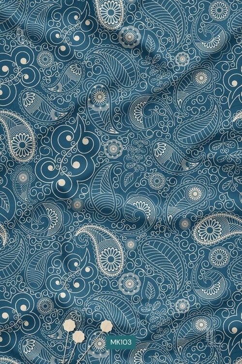 Minimal Paisley Digital Print Fabric in Teal Line Art Design