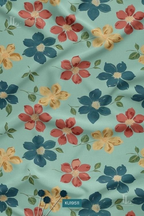 Multicolor Floral Digital Print Fabric on Mint Green Base with Elegant Blossom Design