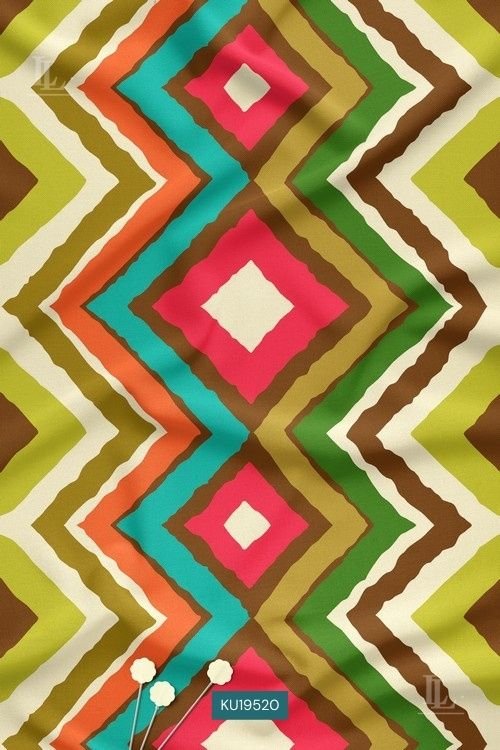 Multicolor Geometric Digital Print Fabric with Retro Diamond Zigzag Design