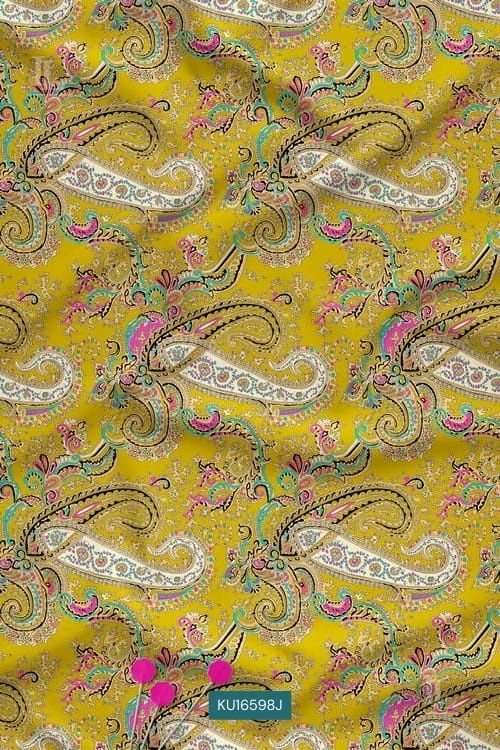 Mustard Yellow Paisley Nature Motif Digital Print Fabric