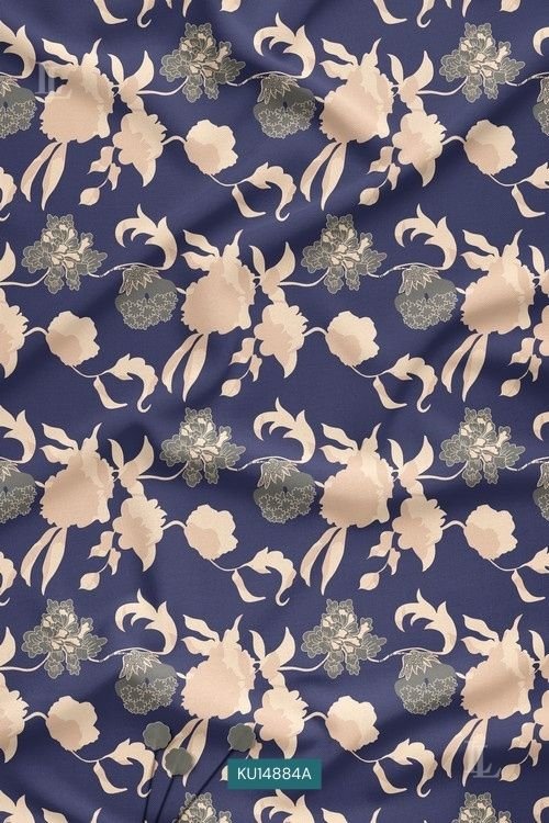 Navy Blue Floral Nature Motif Digital Print Fabric