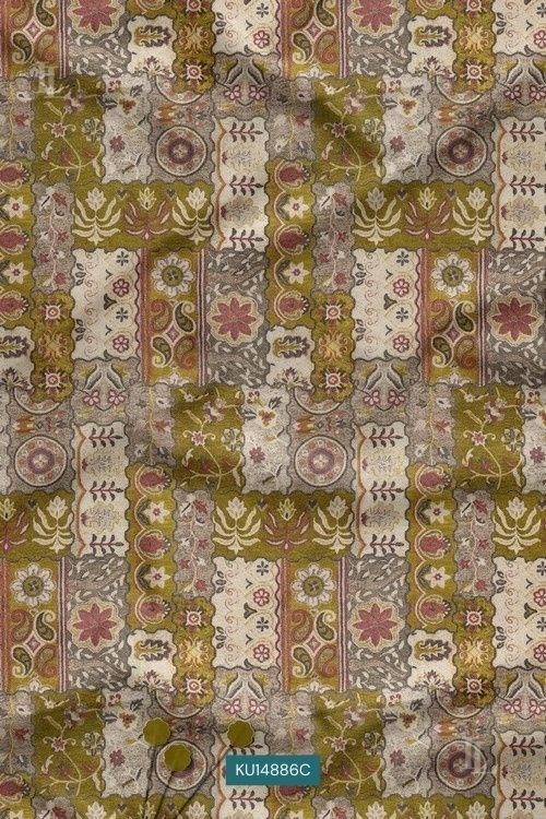 Olive Antique Vintage Paisley Mughal Buti Digital Print Fabric