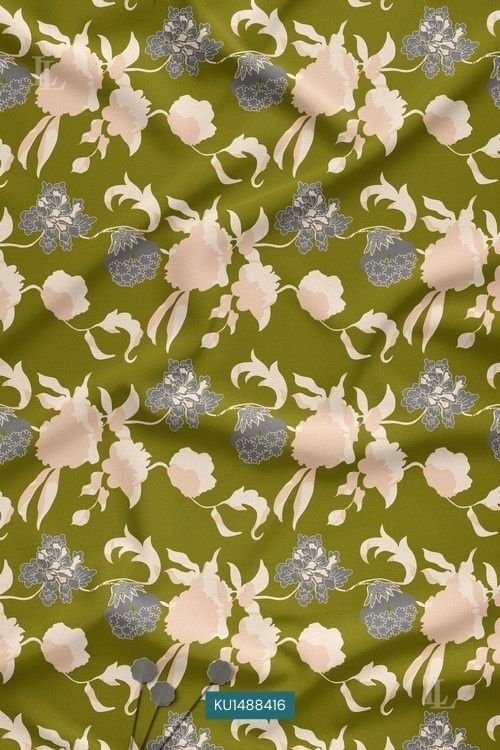 Olive Green Contemporary Floral Digital Print Fabric