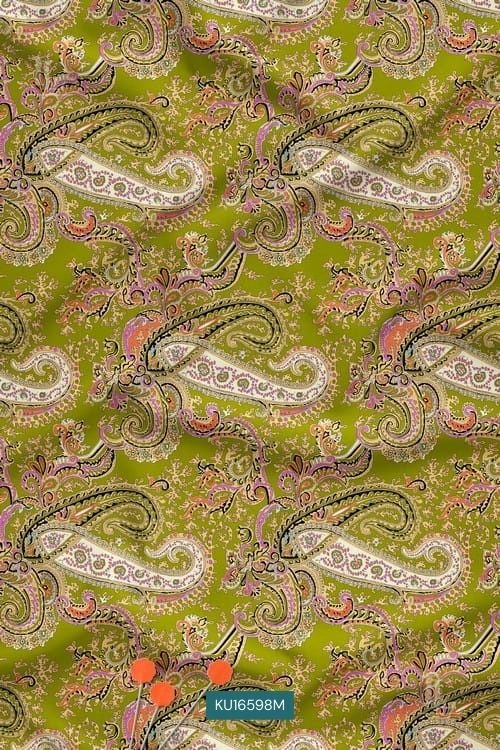 Olive Green Paisley Nature Motif Digital Print Fabric