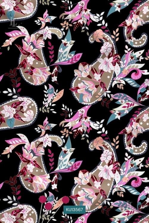 Paisley Floral Digital Print Fabric For black base On Black Base