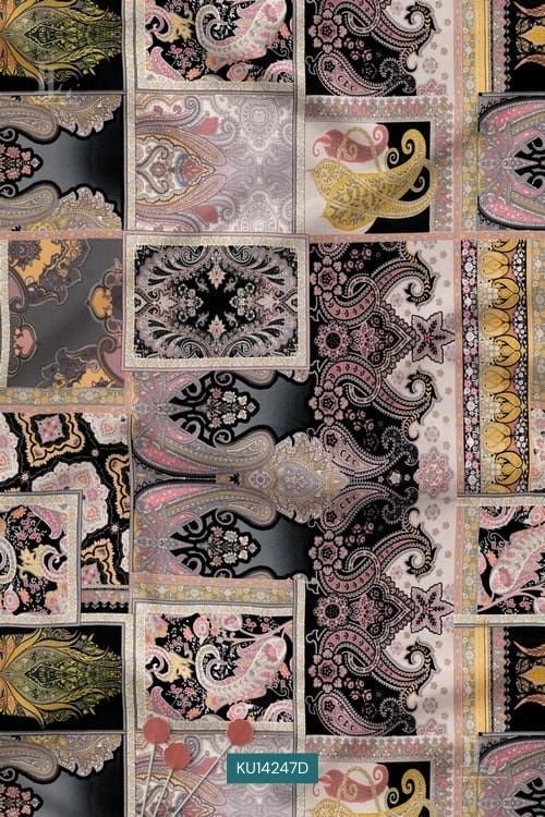 Paisley Luxury Digital Print Fabric in Black Ornamental Patch Design