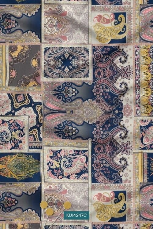 Paisley Luxury Digital Print Fabric in Navy Ornamental Patch Layout