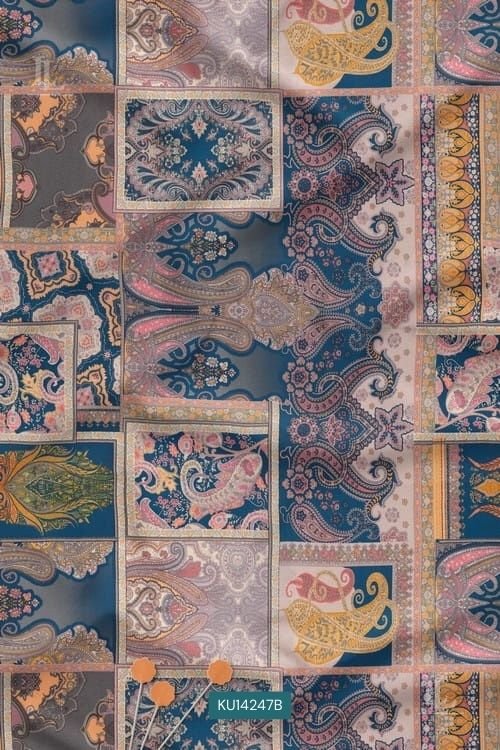 Paisley Luxury Digital Print Fabric in Teal Ornamental Patch Layout