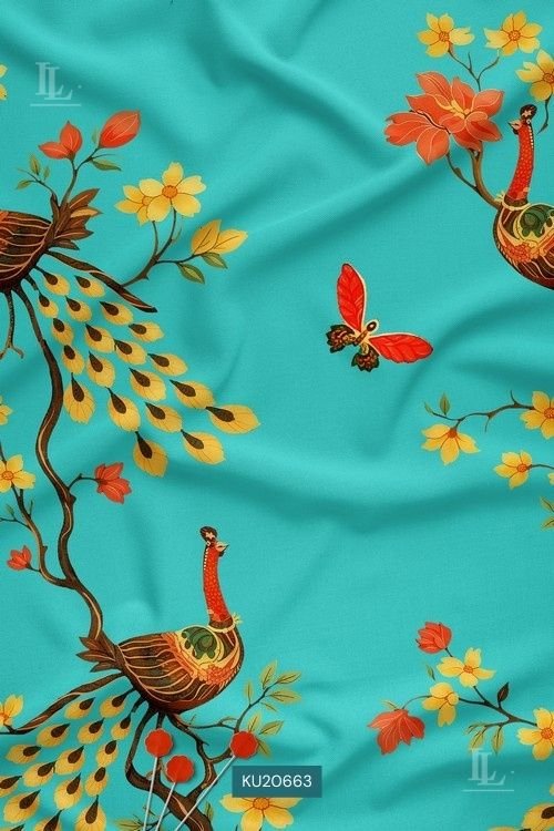 Peacock Bird Digital Print Fabric in Teal Festive Floral Design