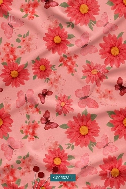 Pink Floral Digital Print Fabric with Butterfly Motif Soft Contemporary Design