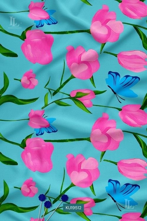 Pink Floral Digital Print Fabric with Butterfly Motif on Aqua Blue Base