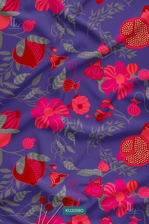 Pomegranate Floral Digital Print Fabric in Indigo Festive Design