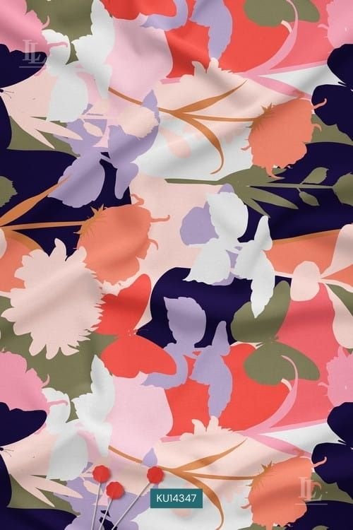 Premium Abstract Floral Digital Print Fabric in Coral and Navy