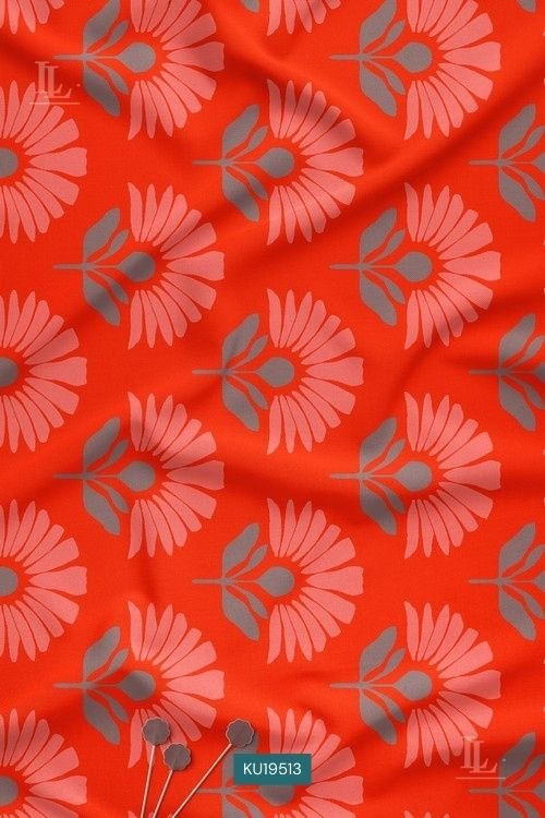 Red Floral Digital Print Fabric with Modern Stylized Flower Motif