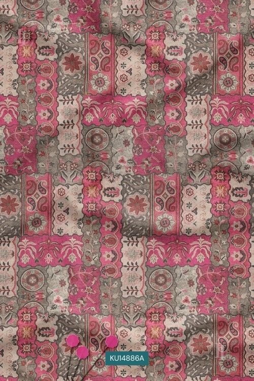 Rose Antique Vintage Paisley Mughal Buti Digital Print Fabric