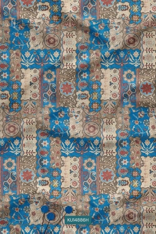 Royal Blue Vintage Paisley Mughal Buti Digital Print Fabric