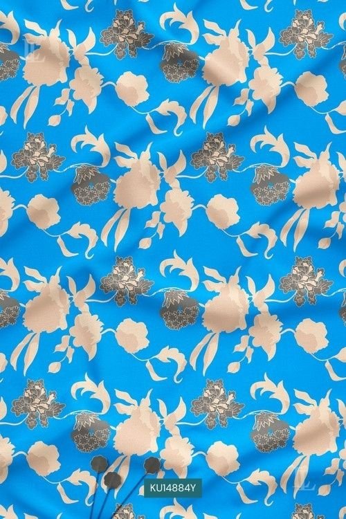 Sky Blue Floral Nature Motif Digital Print Fabric