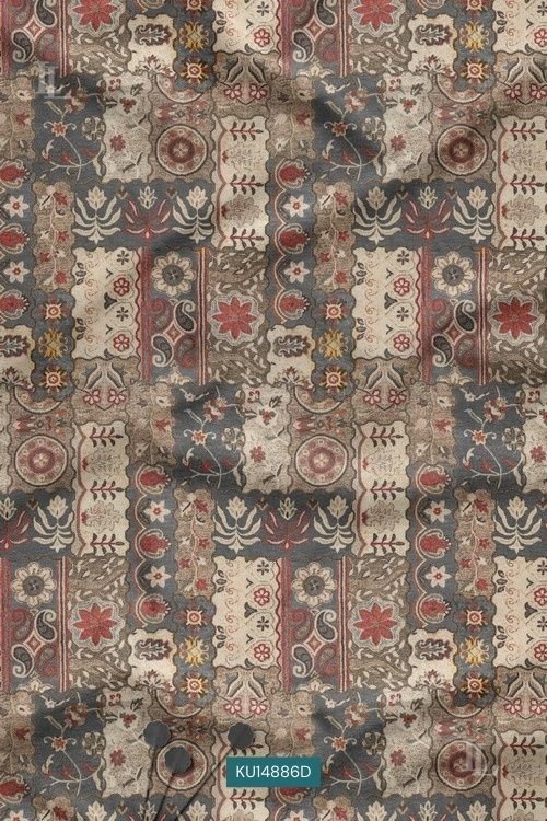 Slate Blue Vintage Paisley Mughal Buti Digital Print Fabric